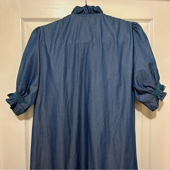 Loretta Caponi Elegant Blue Maxi Dress MockNeck Ruffle Designer Quiet Luxury Med - Picture 10 of 14